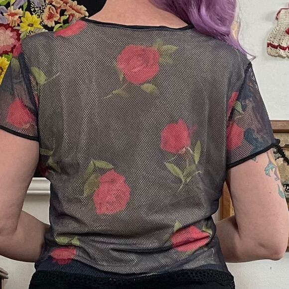 Vintage Rose Print Mesh Tee, 1990s Black & Red Fishnet Top by Hanky Panky, Sz L - Picture 3 of 15